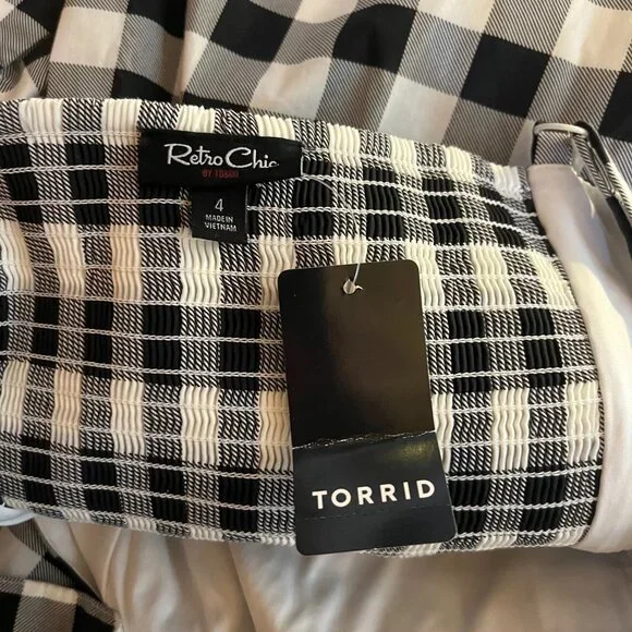 NWT Retro Chic Torrid Size 4 Gingham Midi Poplin Fit & Flare Dress Black White - Picture 2 of 12